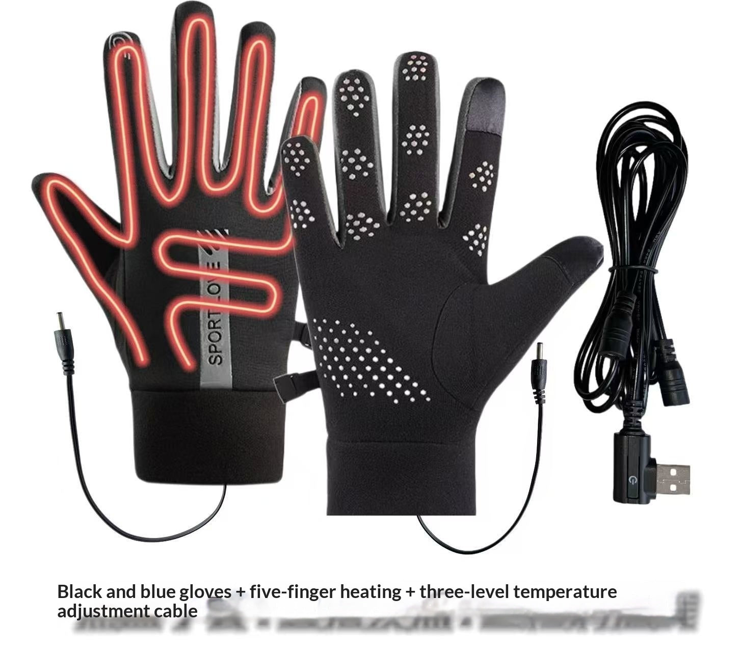 Black gloves with neon red heating elements and a USB cable on a white background