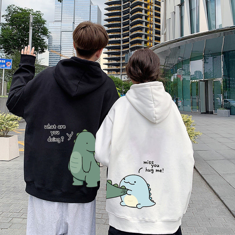 Winter Fleece-lined Hoodie Dinosaur Print Couple Niche Design