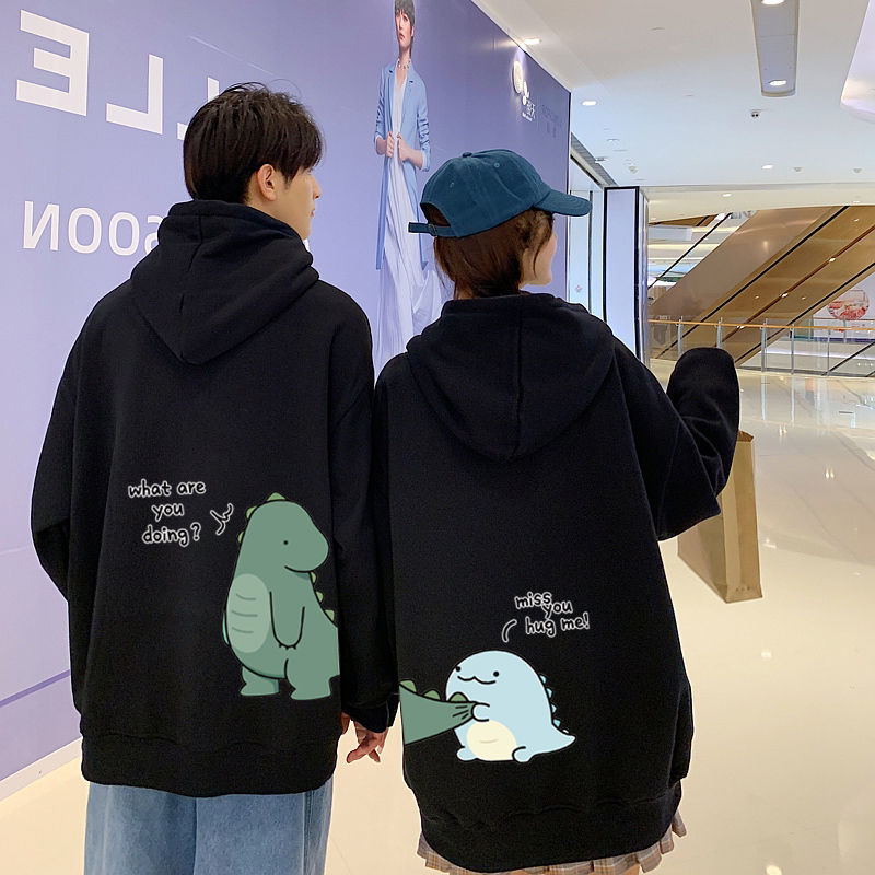 Winter Fleece-lined Hoodie Dinosaur Print Couple Niche Design